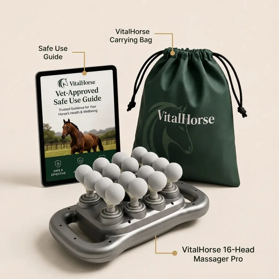 VitalHorse 16-Head Massager Pro with Vet-Approved Safe Use Guide and carrying bag